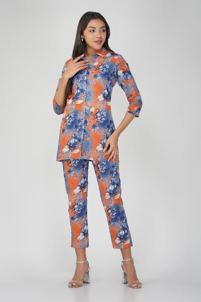 Blue with Orange Print Cotton Co-ord Set-1.webp
